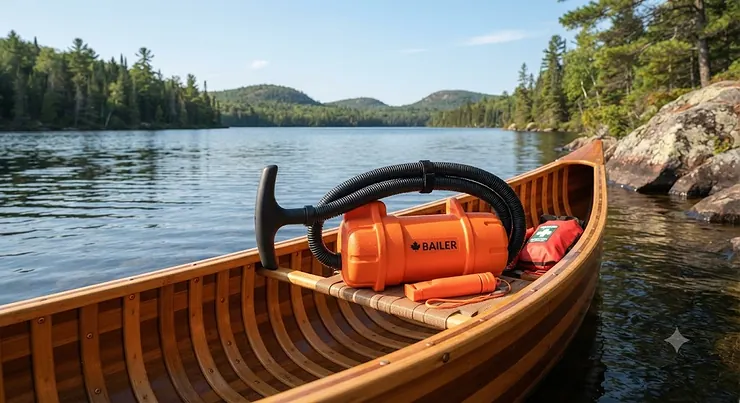 Compact and buoyant bailing pump for canoe emergency preparedness on Canadian wilderness waters.