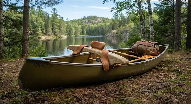 An overview of a wooden portage yoke installed on a solo canoe for wilderness tripping in Ontario. portage yoke for solo canoe tripping