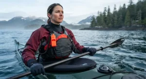 Sea kayaker equipped with a certified waterproof whistle for kayaking off the coast of British Columbia.