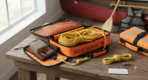 A canoe thwart rigged securely with a quick-release throw bag for canoe rescue accessibility.