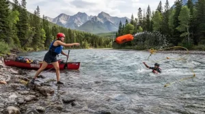 Instructor demonstrating the correct throwing stance using a throw bag for canoe rescue on a rapid.