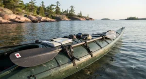 Deck rigging of a sea kayak on Georgian Bay showcasing a spare kayak paddle for touring securely mounted for coastal expeditions.