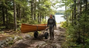 An outdoorsperson using a specialized canoe cart for portaging between two remote lakes in Algonquin Provincial Park.
