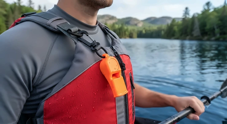 A high-visibility waterproof whistle for kayaking clipped to a PFD on calm Canadian waters.