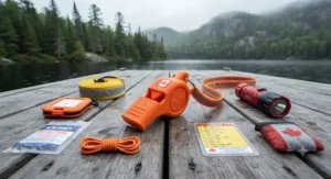 Essential waterproof whistle for kayaking laid out with emergency signaling tools for Canadian adventures.