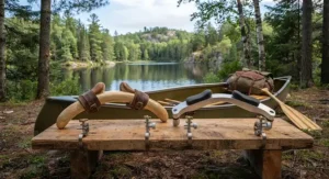 Comparison of traditional ash wood and modern aluminum portage yokes designed for solo canoes.