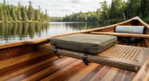 Soft canvas and foam cushion attached to a traditional wooden canoe bench.