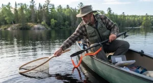 Canadian angler safely reaching for a landing net while using a paddle leash for canoe fishing