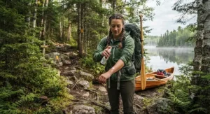 Hiker applying bug spray for canoe trips along a rugged portage trail in Northern Ontario.