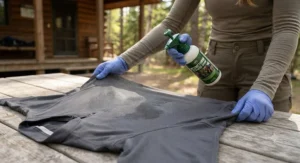 Close-up of permethrin clothing spray being evenly applied to a technical hiking shirt.