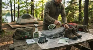 Backcountry camper preparing gear with a permethrin treatment kit for camping gear in a Canadian provincial park.