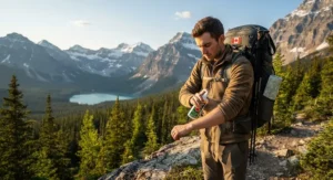 Backpacker using picaridin bug spray in the Canadian Rockies wilderness.