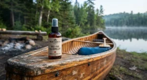 Close-up of a DEET-free bug spray for canoe trips resting on a wooden canoe thwart at a remote Ontario campsite.