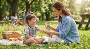A mother gently using hypoallergenic bug spray for kids with sensitive skin during an outdoor picnic.