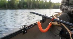 Close-up of a secure paddle leash for canoe fishing attached to a gunwale mount