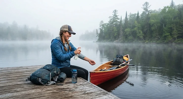 Canoeist applying bug spray for canoe trips before setting off on a misty morning paddle in Algonquin Park.