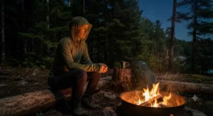 Camper staying protected in a mosquito jacket for camping while relaxing near an evening campfire.