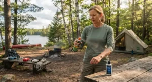 A camper applying insect repellent at a campsite in Ontario to prevent black fly and mosquito bites.