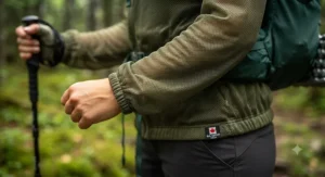 Camper wearing a mosquito jacket for camping while setting up a tent in a Canadian provincial park.