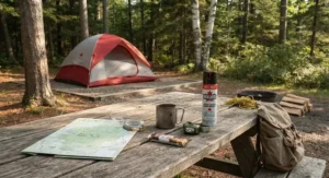 A picnic table at a Canadian campsite featuring DEET bug spray for camping alongside outdoor gear.