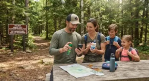 A Canadian family preparing for a hike in a provincial park by selecting the right mosquito repellent.