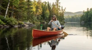 A canoeist paddling on a calm Canadian river while bringing DEET bug spray for camping protection.