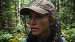 Close-up illustration of a fine-mesh mosquito head net protecting the face from biting insects and blackflies.