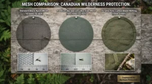 Illustration comparing different mesh styles of a mosquito head net designed for Canadian wilderness conditions.