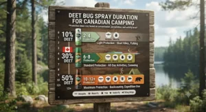 An infographic showing protection duration times for DEET bug spray for camping in the Canadian wilderness.