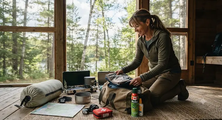 A camper packing camping gear and DEET bug spray for a trip to a Canadian provincial park.
