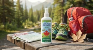 An illustration of a bottle of DEET-free bug spray for kids beside hiking gear and a Canadian maple leaf.