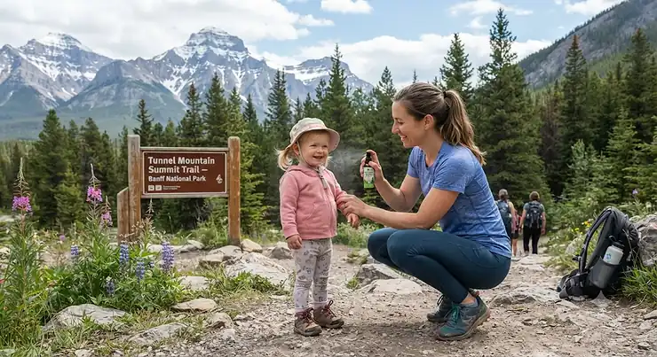 A mother applying natural DEET-free bug spray on her toddler before a family hike in Banff National Park, Canada.