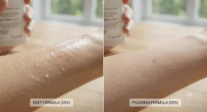 Illustration comparing the texture and scent differences between DEET and Picaridin formulas on skin.