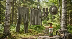 Hiking gear hanging on an outdoor clothesline to dry completely after application of permethrin clothing spray.