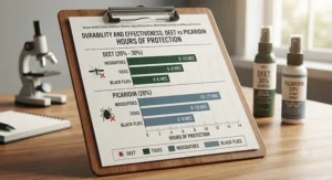 A chart illustrating the hours of protection provided by DEET versus Picaridin against biting insects.
