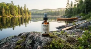 Natural bug spray for canoe trips sitting on mossy granite rocks beside a pristine boreal lake in Canada.