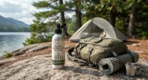 Eco-friendly natural bug repellent for camping laid out with a multi-day backpacking pack and compass.