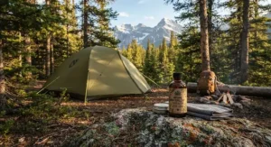 Essential oil-based natural bug repellent for camping sitting near a tent pitched in the Canadian Rockies.