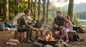 A family enjoying a campfire at a British Columbia campsite while using natural bug repellent for camping.