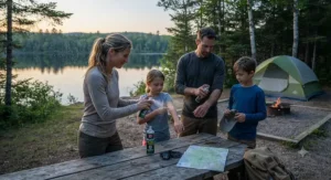 A family using DEET bug spray for camping near a Canadian lake during peak mosquito hours at dusk.