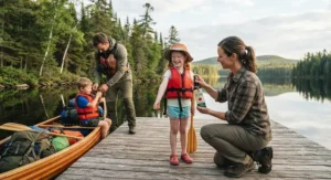 Parent safely applying family-friendly bug spray for canoe trips to a child before a canoeing excursion.