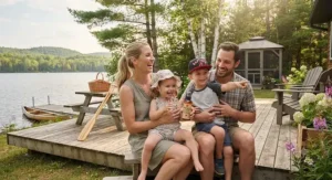 A happy family enjoying a sunny Canadian summer afternoon outdoors with their DEET-free bug spray close by.