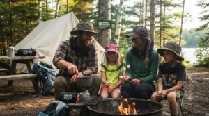 Illustration of a family camping in Canada during summer, with each person wearing a comfortable mosquito head net.