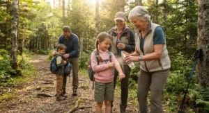 A multi-generational family preparing for a nature trail hike by sharing child-safe bug spray for kids.