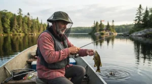 Illustration of an angler on a Canadian lake wearing a wide-brim hat fitted with a mosquito head net.