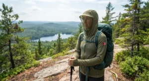 Hiker fully zipped up in a mosquito jacket for camping along a scenic Canadian hiking trail.