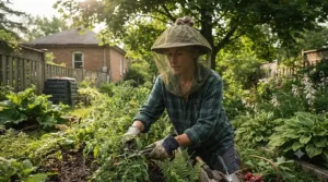 Illustration of a backyard gardener wearing a durable mosquito head net during peak Canadian blackfly season.
