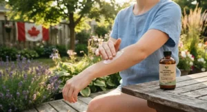A gentle plant-powered bug repellent lotion protecting sensitive skin during a sunny Canadian summer afternoon.