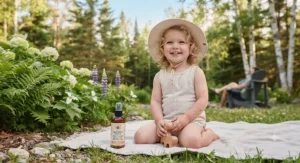 A toddler with sensitive skin smiling outdoors, protected by a dermatologist-tested DEET-free bug spray.