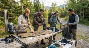 Group of Canadian hikers preparing their outdoor equipment and clothing with permethrin spray before a weekend trek.